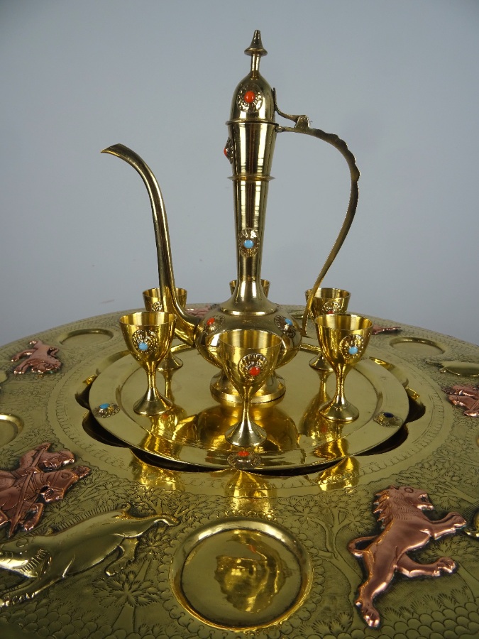 Islamic copper and brass tea set on foldable tray
